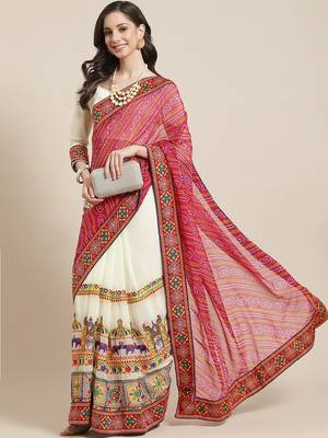 Pink & Off-White Bandhani Pure Georgette Half and Half Bandhani Saree 1