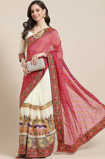 Pink & Off-White Bandhani Pure Georgette Half and Half Bandhani Saree