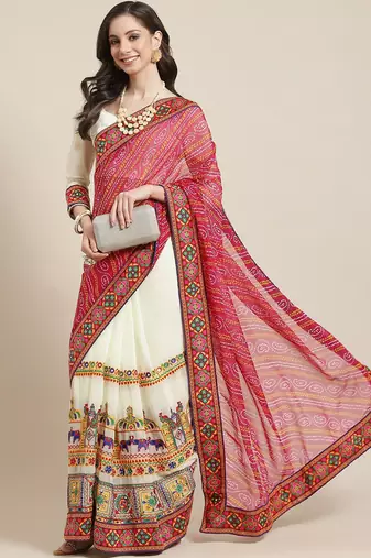 Pink & Off-White Bandhani Pure Georgette Half and Half Bandhani Saree
