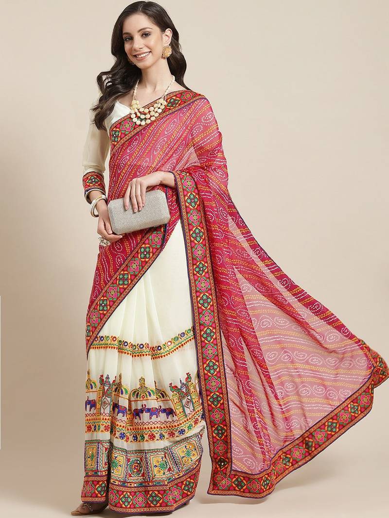 Pink & Off-White Bandhani Pure Georgette Half and Half Bandhani Saree