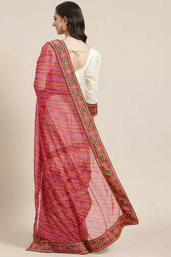 Pink & Off-White Bandhani Pure Georgette Half and Half Bandhani Saree