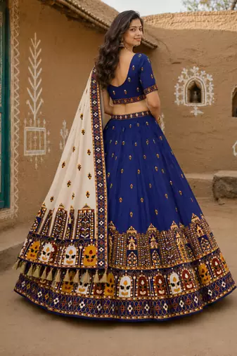 Navratri Ajrakh Print Rayon Lehenga Choli & Blouse With Dupatta