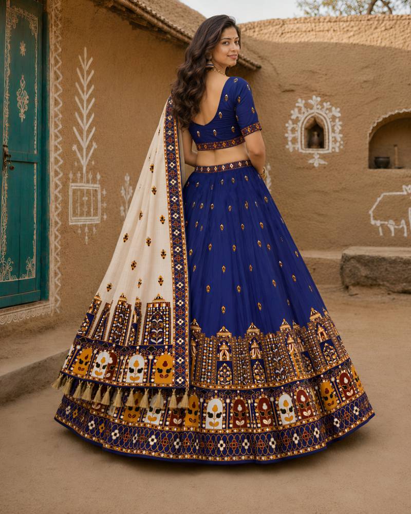 Navratri Ajrakh Print Rayon Lehenga Choli & Blouse With Dupatta