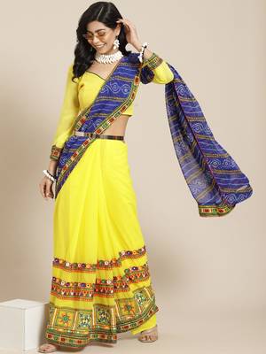 Yellow & Blue Bandhani Mirror Work Pure Georgette Half and Half Bandhani Saree 1