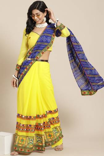 Yellow & Blue Bandhani Mirror Work Pure Georgette Half and Half Bandhani Saree