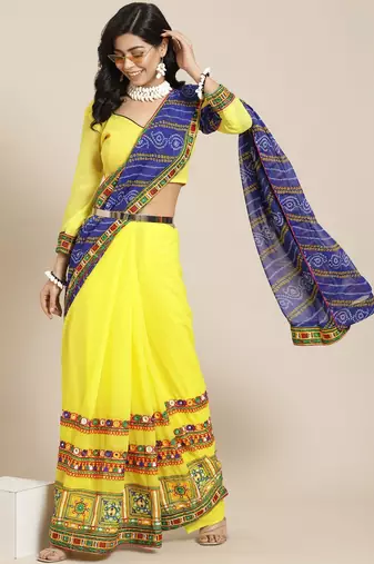 Yellow & Blue Bandhani Mirror Work Pure Georgette Half and Half Bandhani Saree
