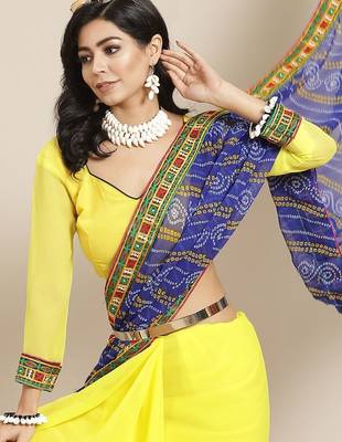 Yellow & Blue Bandhani Mirror Work Pure Georgette Half and Half Bandhani Saree 2