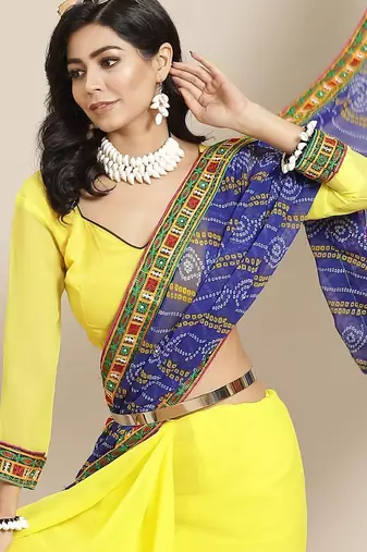 Yellow & Blue Bandhani Mirror Work Pure Georgette Half and Half Bandhani Saree