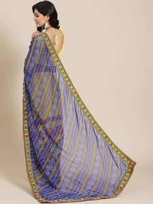 Yellow & Blue Bandhani Mirror Work Pure Georgette Half and Half Bandhani Saree 3