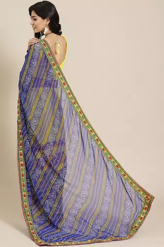 Yellow & Blue Bandhani Mirror Work Pure Georgette Half and Half Bandhani Saree
