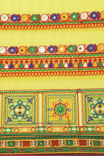 Yellow & Blue Bandhani Mirror Work Pure Georgette Half and Half Bandhani Saree