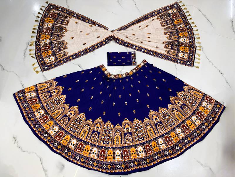 Navratri Ajrakh Print Rayon Lehenga Choli & Blouse With Dupatta