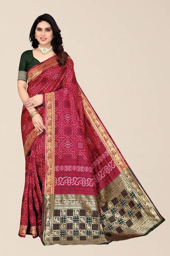 Maroon & Black Zari Silk Cotton Bandhani Saree