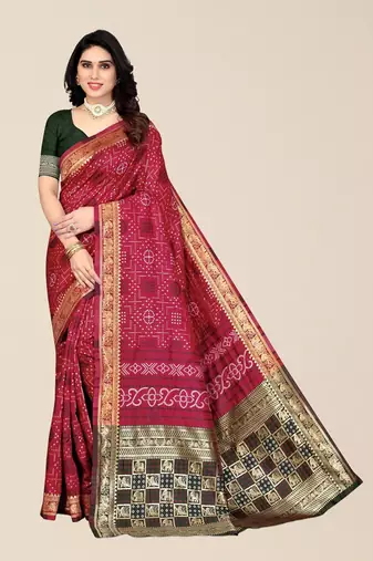 Maroon & Black Zari Silk Cotton Bandhani Saree