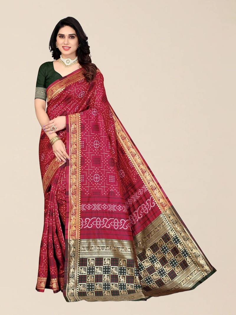Maroon & Black Zari Silk Cotton Bandhani Saree