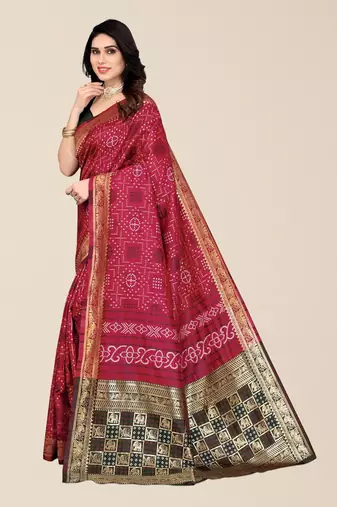 Maroon & Black Zari Silk Cotton Bandhani Saree