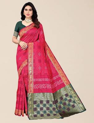 Pink & Green Bandhani Zari Silk Cotton Bandhani Saree 1