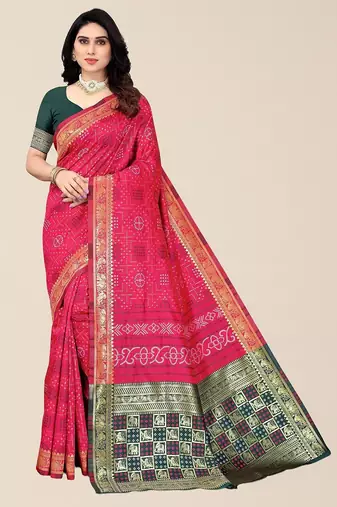 Pink & Green Bandhani Zari Silk Cotton Bandhani Saree