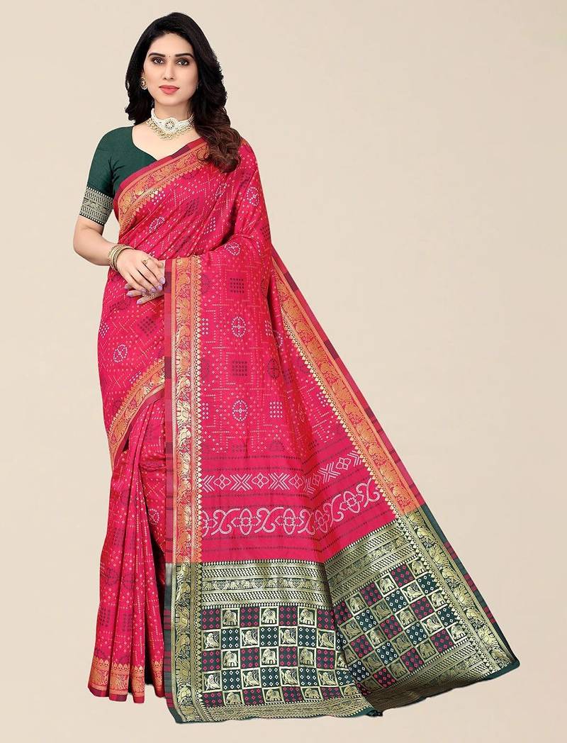 Pink & Green Bandhani Zari Silk Cotton Bandhani Saree