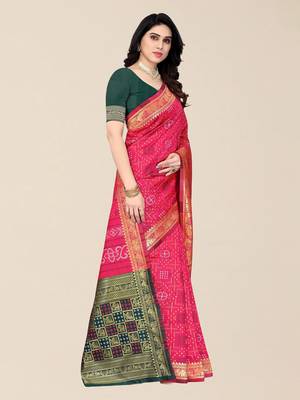 Pink & Green Bandhani Zari Silk Cotton Bandhani Saree 2