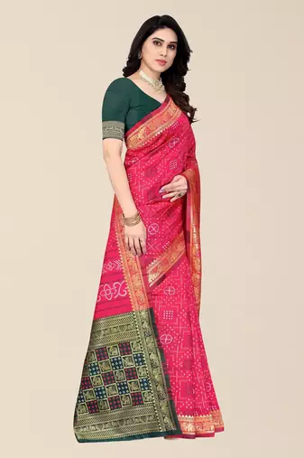 Pink & Green Bandhani Zari Silk Cotton Bandhani Saree