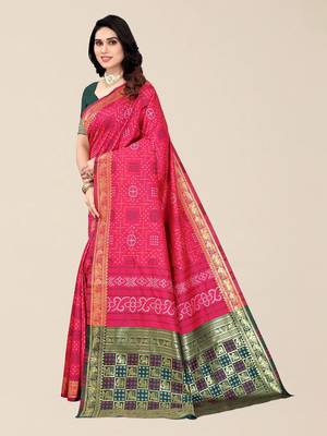 Pink & Green Bandhani Zari Silk Cotton Bandhani Saree 3