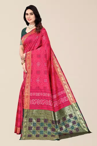 Pink & Green Bandhani Zari Silk Cotton Bandhani Saree