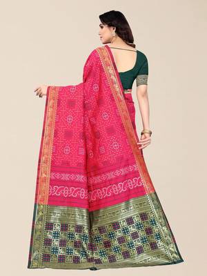 Pink & Green Bandhani Zari Silk Cotton Bandhani Saree 4