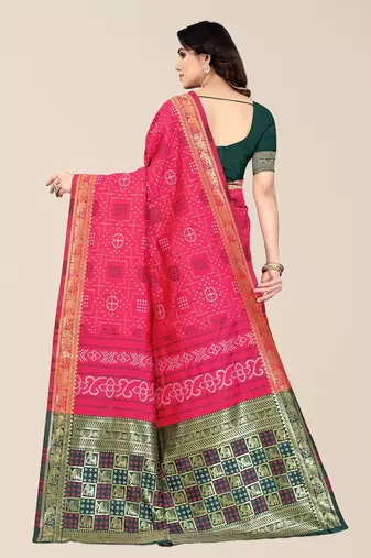 Pink & Green Bandhani Zari Silk Cotton Bandhani Saree