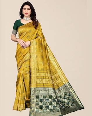 Yellow & Green Bandhani Zari Silk Cotton Bandhani Saree 1
