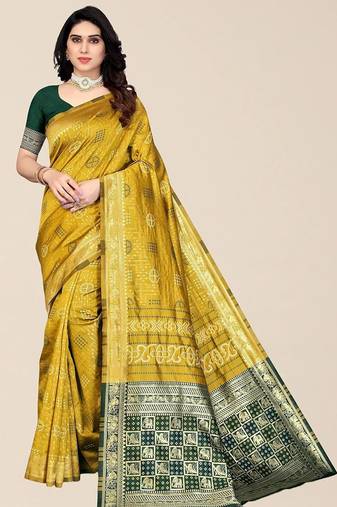 Yellow & Green Bandhani Zari Silk Cotton Bandhani Saree