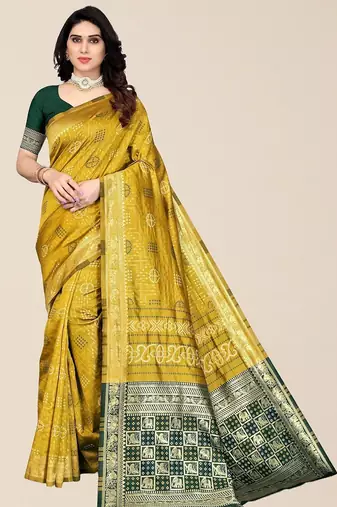 Yellow & Green Bandhani Zari Silk Cotton Bandhani Saree