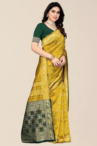 Yellow & Green Bandhani Zari Silk Cotton Bandhani Saree