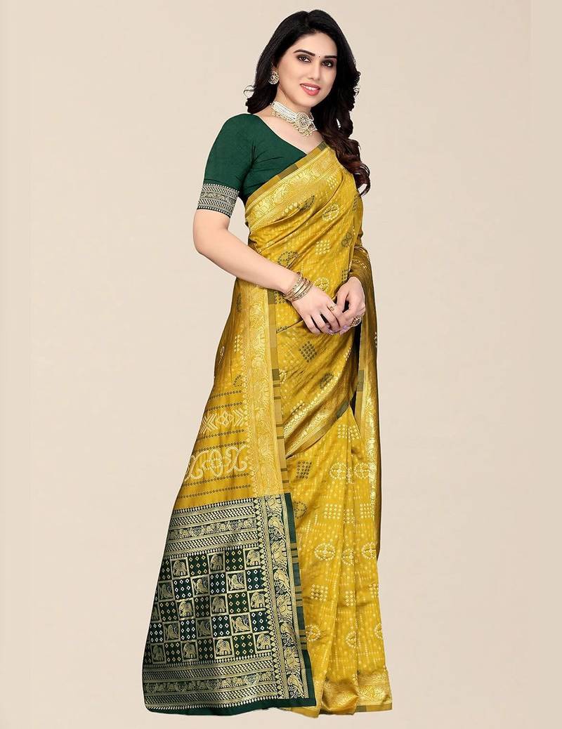 Yellow & Green Bandhani Zari Silk Cotton Bandhani Saree