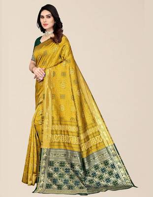 Yellow & Green Bandhani Zari Silk Cotton Bandhani Saree 3