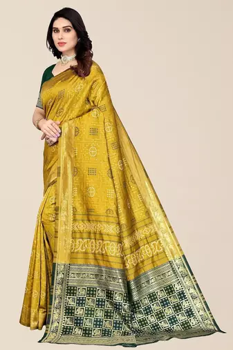 Yellow & Green Bandhani Zari Silk Cotton Bandhani Saree