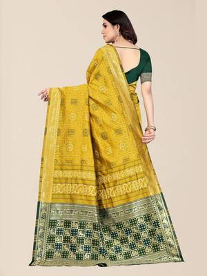 Yellow & Green Bandhani Zari Silk Cotton Bandhani Saree 4