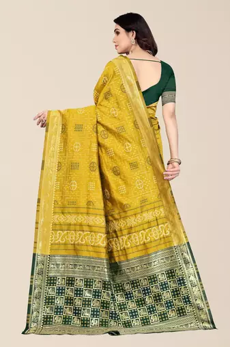 Yellow & Green Bandhani Zari Silk Cotton Bandhani Saree