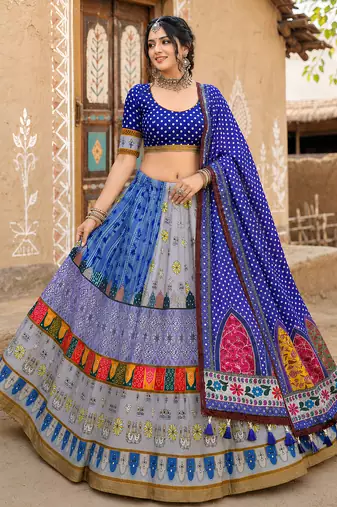 Navratri Ajrakh Print Rayon Lehenga Choli & Blouse With Dupatta