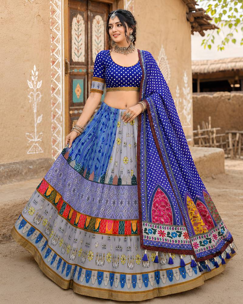 Navratri Ajrakh Print Rayon Lehenga Choli & Blouse With Dupatta