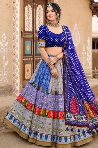Navratri Ajrakh Print Rayon Lehenga Choli & Blouse With Dupatta