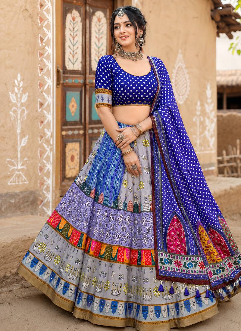 Navratri Ajrakh Print Rayon Lehenga Choli & Blouse With Dupatta