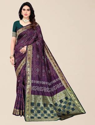 Purple & Green Bandhani Zari Silk Cotton Bandhani Saree 1