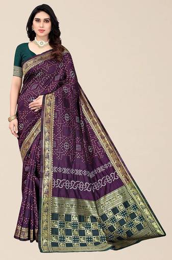 Purple & Green Bandhani Zari Silk Cotton Bandhani Saree