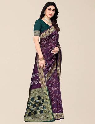 Purple & Green Bandhani Zari Silk Cotton Bandhani Saree 2