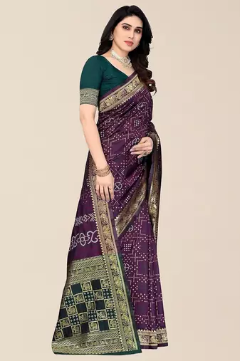 Purple & Green Bandhani Zari Silk Cotton Bandhani Saree