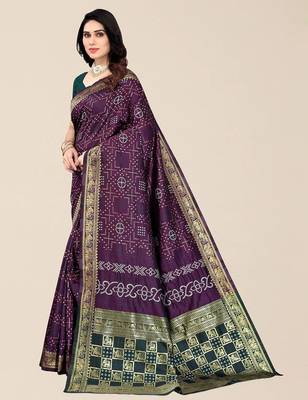 Purple & Green Bandhani Zari Silk Cotton Bandhani Saree 3