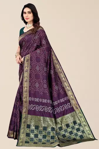 Purple & Green Bandhani Zari Silk Cotton Bandhani Saree