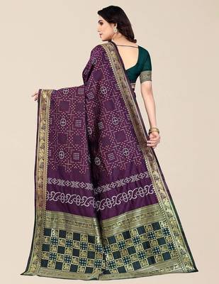 Purple & Green Bandhani Zari Silk Cotton Bandhani Saree 4
