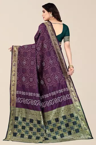 Purple & Green Bandhani Zari Silk Cotton Bandhani Saree